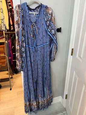 Free People Blue Floral Bohemian Maxi Dress with Mixed Prints